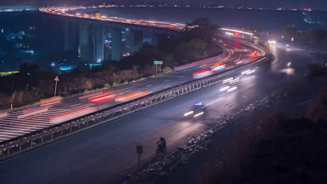 Busy Night Traffic Time Lapse on S Shaped Mumbai-Pune-Bengaluru National Highway in India