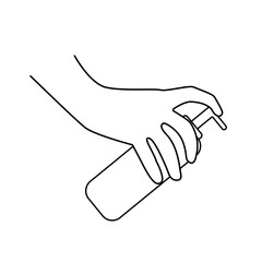 Thin line icon. Icon of a hand holding a bottle with an antiseptic or liquid soap.Vector illustration