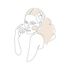 Beautiful girl with long hair. Hair care. Drawn with one line. Side view.
