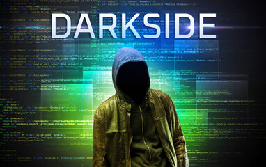 Faceless hacker on code background