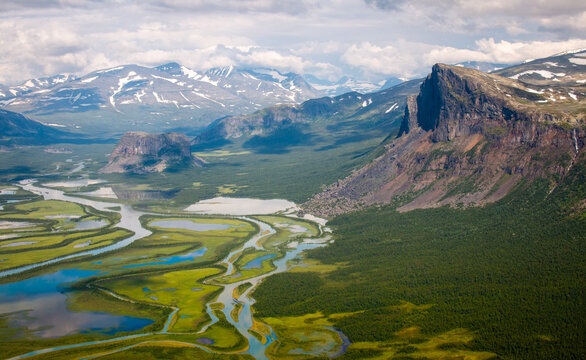 The view from a helicopter flying above Rapadalen valley, Sarek park, Swedish Lapland.