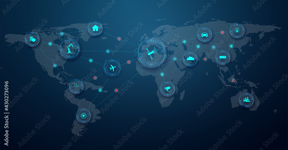Poster internet of things (iot) and network concept for connected devices. a web of network connections of 