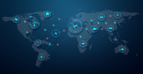 Internet of Things (IoT) and network concept for connected devices. A web of network connections of various devices all over the earth. Network of connections on the world map. New data transfer