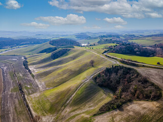 Scenic view of tuscan countryside in winter season. Drone view, aerial shot.