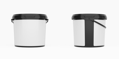 Black 5l plastic paint can / bucket / container with handle and blank label, isolated on white background.