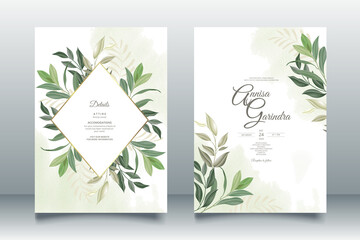  Wedding invitation card template set with beautiful leaves Premium Vector