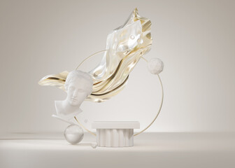 3D background beige stone podium pillar display, abstract metallic gold frame, cloth flying. Ancient column pedestal and goddess statue. Cosmetic, beauty product placement. Trendy  stand, 3D render