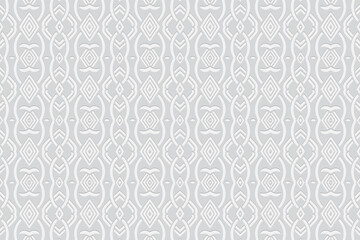 Obraz premium 3d volumetric convex geometric white background. Ethnic embossed oriental islamic pattern with traditional abstract shapes. Design for presentations, websites, textiles, wallpapers.
