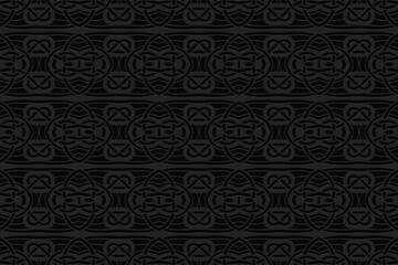 3d volumetric convex geometric black background. Ethnic embossed traditional folk oriental islamic pattern. Design for presentations, websites, textiles, wallpapers.