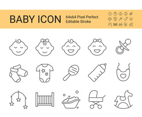 Simple baby icon set. Editable vector stroke. 64x64 Pixel Perfect.
