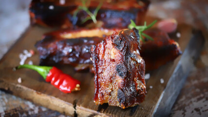 Appetizing barbecue pork ribs. Grilled juicy spicy ribs.