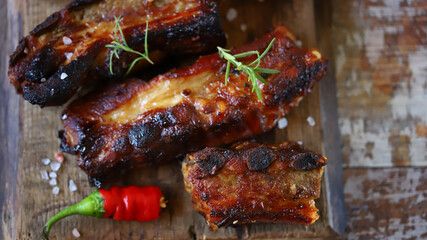 Appetizing barbecue pork ribs. Grilled juicy spicy ribs.