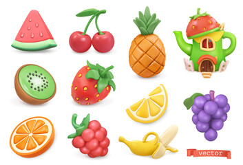 Sweet fruits icon set. Watermelon, kiwi, orange, cherry, strawberry, raspberry, pineapple, lemon, banana, grapes. Plasticine art objects - 430276878