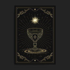 Holy Grail or cup, symbol of spiritual with engraving, hand drawn, luxury, celestial, esoteric, boho style, fit for spiritualist, religious, paranormal, tarot reader, astrologer or tattoo vector - obrazy, fototapety, plakaty