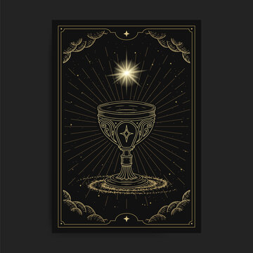 Holy Grail or cup, symbol of spiritual with engraving, hand drawn, luxury, celestial, esoteric, boho style, fit for spiritualist, religious, paranormal, tarot reader, astrologer or tattoo vector