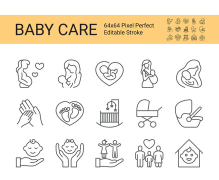Baby care and safety icon set. Editable vector stroke. 64x64 Pixel Perfect.