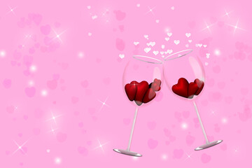 Fototapeta na wymiar February romantic holiday. Elegant date invitation design. Realistic splash of wine glasses with red wine.