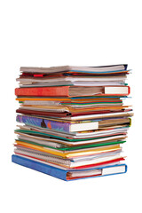 Stack pile of assorted file folders isolated on white 