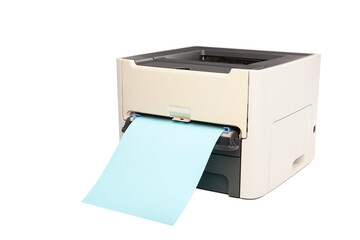 Laser printer with blue blank paper isolated on white