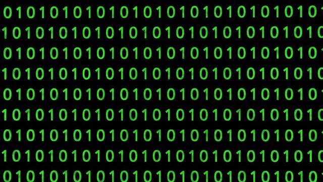 Technological background. Representation of binary code. Green binary digits 1 and 0 in 3D space. Camera zooming out. Technology concept. Binary code footage. With Alpha channel.
