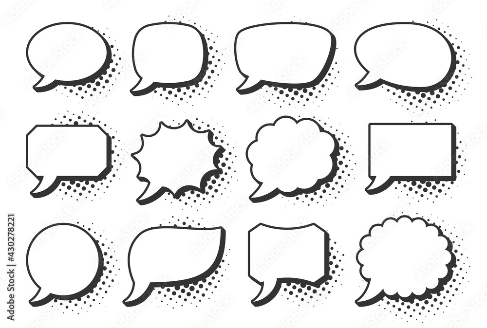 Poster retro sketch speech bubble icon set. cartoon pop art bubbles with black halftone shadow. vector desi