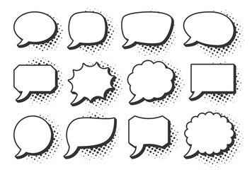 Retro sketch speech bubble icon set. Cartoon pop art bubbles with black halftone shadow. Vector design fun comic page dialog text message balloon template shapes. Boom, burst, wow effect empty frame