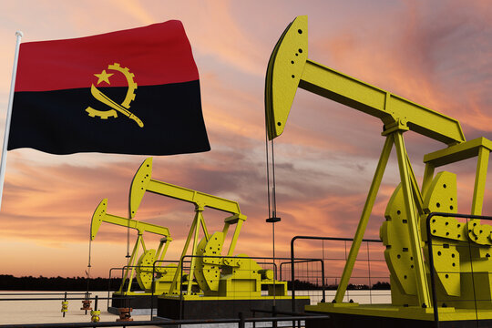 Nice pumpjack oil extraction and cloudy sky in sunset with the Angola flag.
