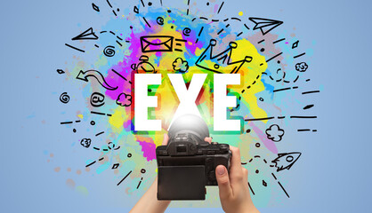 Close-up of a hand holding digital camera with abstract drawing