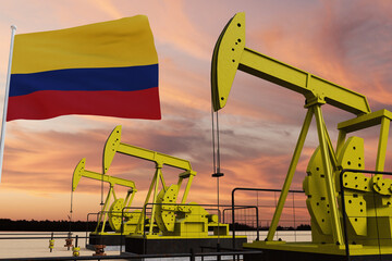 Nice pumpjack oil extraction and cloudy sky in sunset with the Colombia flag.