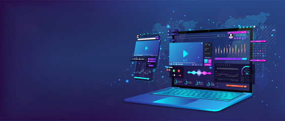 Laptop and smartphone with open dashboard. Online remote work concept. Work at home. Online conference, statistics and analysis, home business management. Business communication. Vector illustration