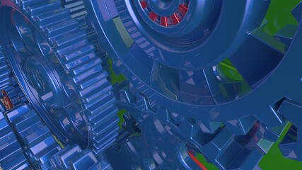 Mechanism blue gears and cogs at work on green plate under spot light background. Industrial machinery. 3D illustration. 3D high quality rendering. 3D CG.