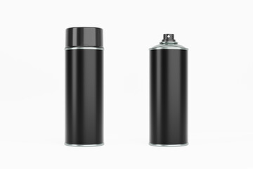 Spray paint can with black cap and black label. Isolated on white background for mock-up, branding.