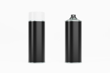 Spray paint can with white cap and black label. Isolated on white background for mock-up, branding.