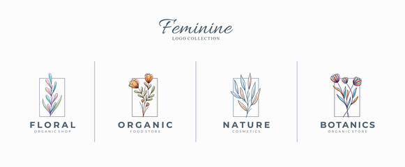 Fototapeta na wymiar Beautiful feminine botanical logos with hand drawn flowers