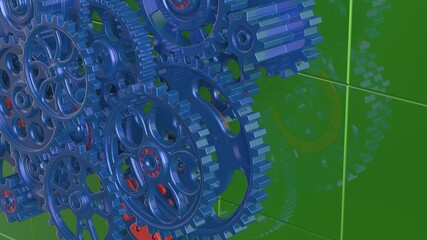 Mechanism blue gears and cogs at work on green plate under spot light background. Industrial machinery. 3D illustration. 3D high quality rendering. 3D CG.