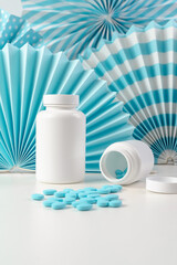 Jars of pills on a blue background. Concept photo. Place for the text. Blue pills. Vitamins for a healthy lifestyle
