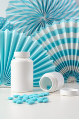 Jars of pills on a blue background. Concept photo. Place for the text. Blue pills. Vitamins for a healthy lifestyle