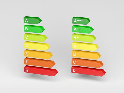New and old energy label isolated on gray background. Energy consumption labelling. 3d illustration.