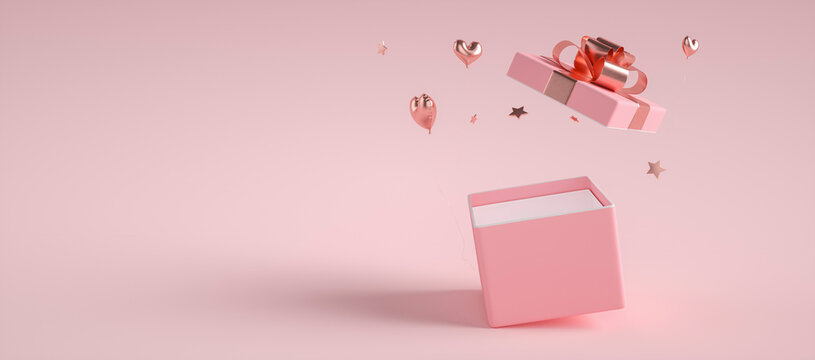 pink gift box with flying hearts and stars 3d rendering
