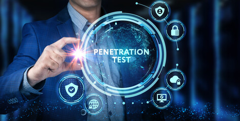 Cyber security data protection business technology privacy concept. Young businessman  select the icon PENETRATION TEST on the virtual display.