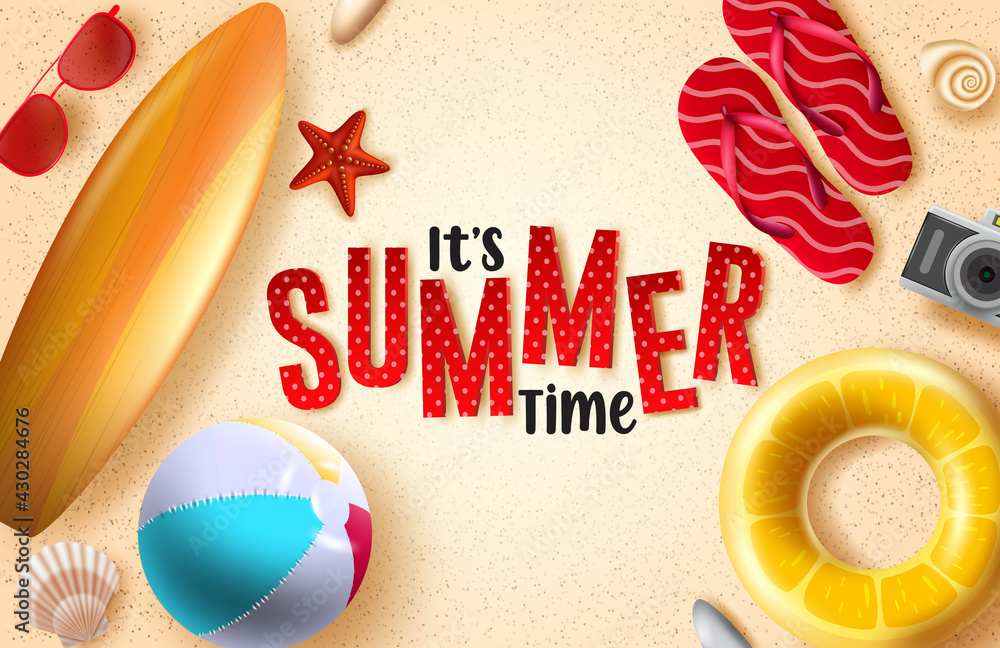 Poster summer time vector background design. it's summer time 3d text in sand background with beach element
