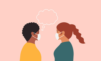 Illustration of two young women talking wearing a medical face mask. Vector