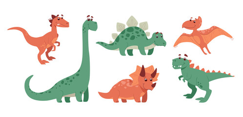 Funny set of dinosaurs. Stegosaurus, triceratops, brachiosaurus, brontosaurus, velociraptor, pteranodon, tyrannosaurus rex. The dinos are smiling cheerfully. Collection of prehistoric animals. Vector