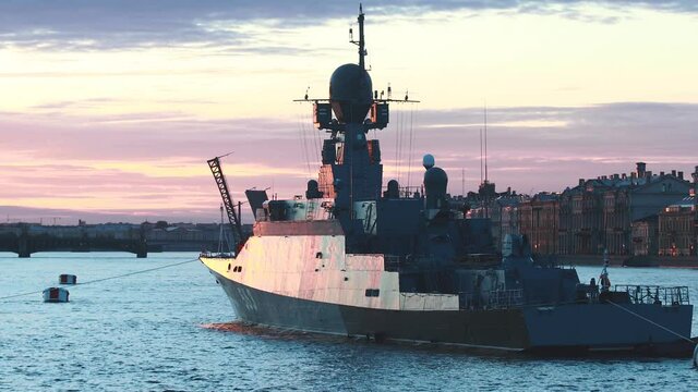 View of Russian Navy, modern russian military naval battleships warships in the row, northern fleet and baltic sea fleet, summer sunny day during the military exercise