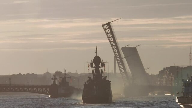 View of Russian Navy, modern russian military naval battleships warships in the row, northern fleet and baltic sea fleet, summer sunny day during the military exercise