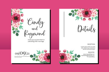 Wedding invitation frame set, floral watercolor hand drawn Anemone and Hydrangea Flower design Invitation Card Template