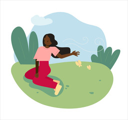 A woman is sitting on the grass in the park and feeling the wind. flat design style minimal vector illustration.