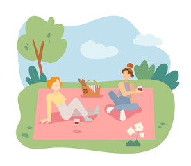 Two girls are having a picnic in the park. flat design style minimal vector illustration.