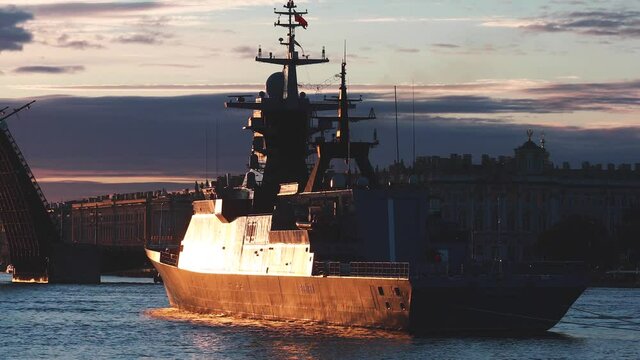 View of Russian Navy, modern russian military naval battleships warships in the row, northern fleet and baltic sea fleet, summer sunny day during the military exercise