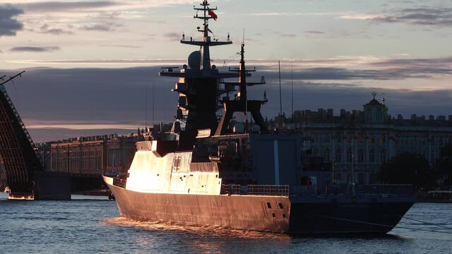 View of Russian Navy, modern russian military naval battleships warships in the row, northern fleet and baltic sea fleet, summer sunny day during the military exercise